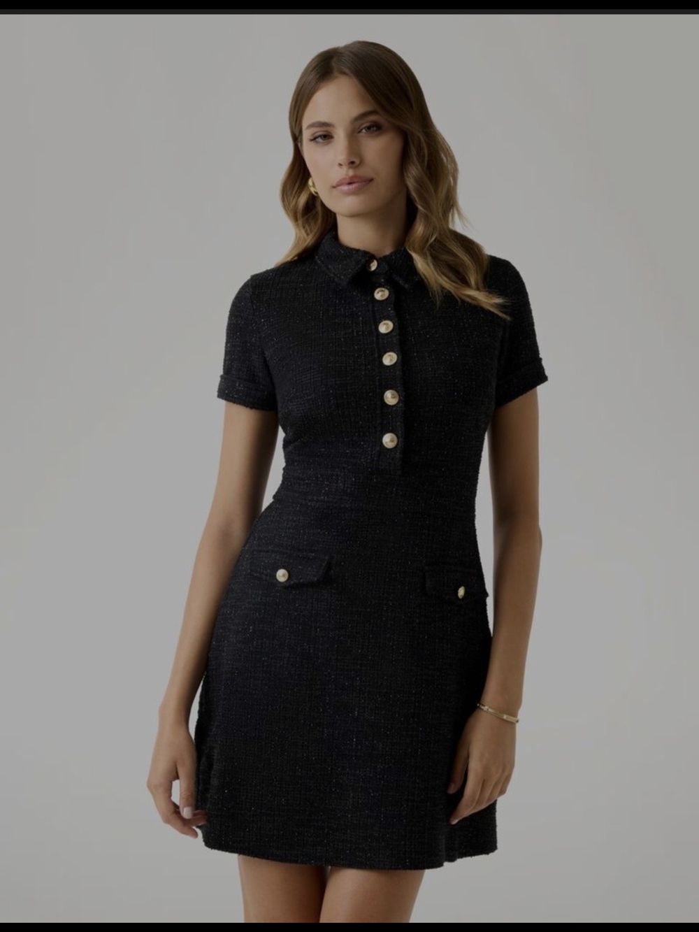 Guess Black Tweed Polo Mini Dress with Gold Buttons